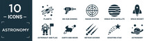 Filled Astronomy Icon Set. Contain Flat Planets, Big Sun Shining, Radar System, Venus With Satellite, Space Rocket, Astronaut And Flag, Earth And Moon, Meteor Shower, Shooting Star, Astronomy Icons.