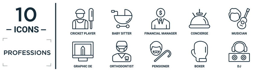 Poster - professions linear icon set. includes thin line cricket player, financial manager, musician, orthodo