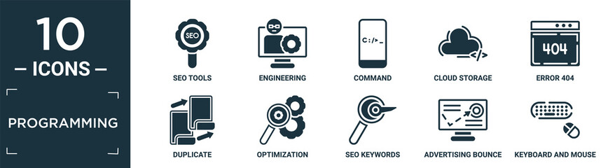 filled programming icon set. contain flat seo tools, engineering, command, cloud storage, error 404,