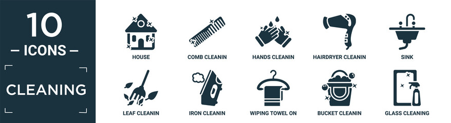 filled cleaning icon set. contain flat house, comb cleanin, hands cleanin, hairdryer cleanin, sink, leaf iron wiping towel on a hanger, bucket glass cleaning icons in editable format..