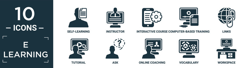 Poster - filled e learning icon set. contain flat self-learning, instructor, interactive course, computer-bas