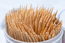 Toothpicks. Close-up Of Bamboo Toothpicks. Dental Hygiene And Care Concept.