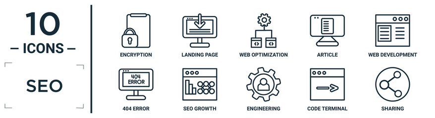 Wall Mural - seo linear icon set. includes thin line encryption, web optimization, web development, seo growth, code terminal, sharing, 404 error icons for report, presentation, diagram, web design