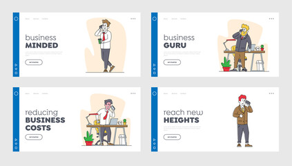 Poster - Business People Call at Working Time Landing Page Template Set. Office Workers Characters Speak by Smartphones in Office