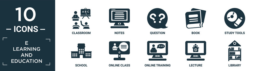 Poster - filled e learning and education icon set. contain flat classroom, notes, question, book, study tools, school, online class, online training, lecture, library icons in editable format..