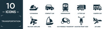 Filled Transportation Icon Set. Contain Flat Catamaran, Compact Car, Underground, Litter Car, Camper Car, Military Airplane, Yawl, Eco-friendly Transport, Scooter Front View, Jetliner Icons In.