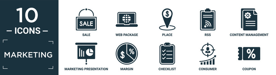 Poster - filled marketing icon set. contain flat sale, web package, place, rss, content management, marketing presentation, margin, checklist, consumer, coupon icons in editable format..