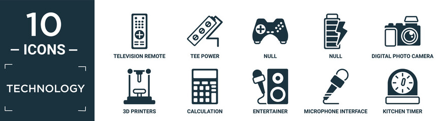 Poster - filled technology icon set. contain flat television remote control, tee power, null, null, digital photo camera, 3d printers, calculation, entertainer, microphone interface, kitchen timer icons in.