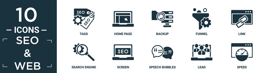 Poster - filled seo & web icon set. contain flat tags, home page, backup, funnel, link, search engine, screen, speech bubbles, lead, speed icons in editable format..