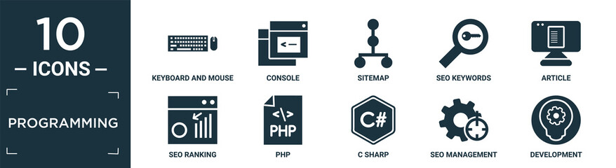 Poster - filled programming icon set. contain flat keyboard and mouse, console, sitemap, seo keywords, article, seo ranking, php, c sharp, seo management, development icons in editable format..