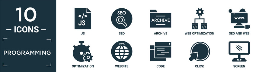 filled programming icon set. contain flat js, seo, archive, web optimization, seo and web, optimization, website, code, click, screen icons in editable format..