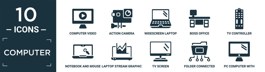 Poster - filled computer icon set. contain flat computer video, action camera, widescreen laptop, boss office, tv controller, notebook and mouse cursor, laptop stream graphic, tv screen, folder connected.