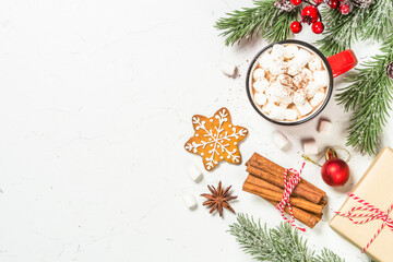 Canvas Print - Hot chocolate and gingerbread cookies with christmas decorations. Top view with copy space.