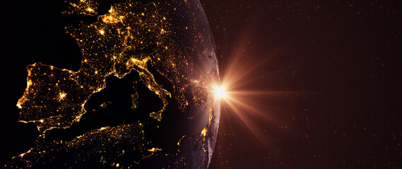Poster - Lights of large European cities. 3D rendering Lights of European cities. An abstract image generated using the lights of European cities. 3D rendering