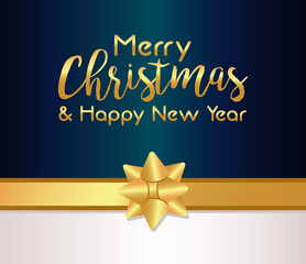 Sticker - merry christmas and happy new year golden lettering card with bow ribbon