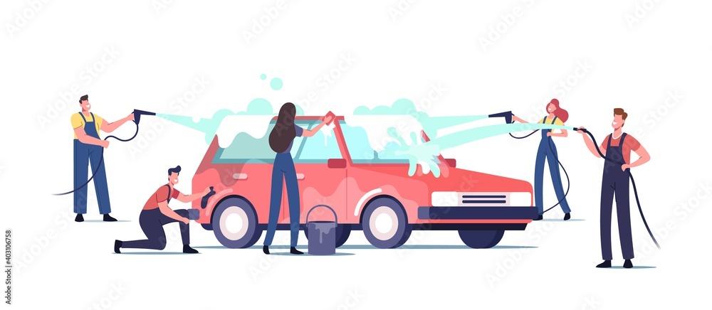 Car Wash Service Concept. Workers Characters Wearing Uniform Lathering Automobile with Sponge and Pouring with Water - obrazy, fototapety, plakaty 