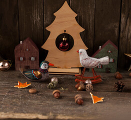 Wall Mural - new year and christmas background. wooden toy rocking bird .background for greeting cards