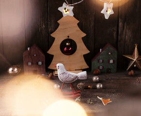 Wall Mural - new year and christmas background. wooden toy rocking bird .background for greeting cards