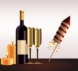 Sticker - happy new year card with champagne and firework rocket