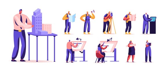 Poster - Set of Male and Female Characters Building and Engineering Construction Works. Men and Women Architect Engineer Working