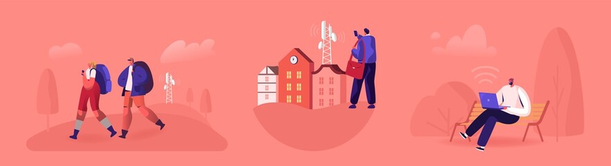 Poster - 5g Network Wireless Technology Concept. People at Transmission Tower Using High-speed Mobile Internet at Digital Devices