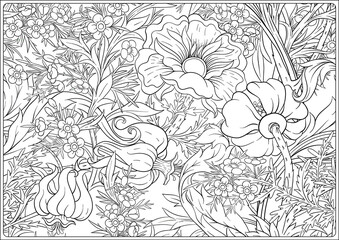 floral seamless pattern, background with in art nouveau style, vintage, old, retro style. outline ve