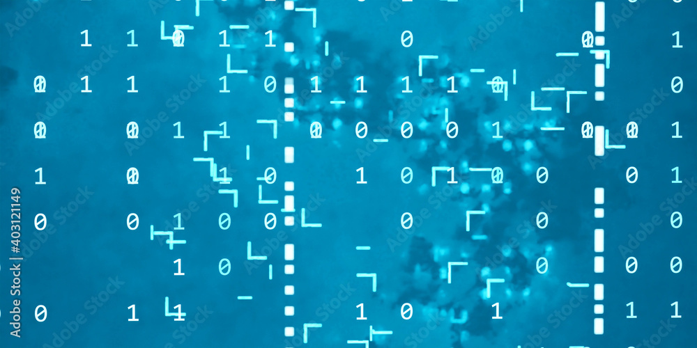 binary data symbolized by numbers zero and one with random code in blue ...
