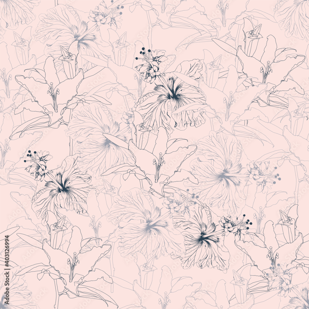 Seamless floral pattern Lilly and Hibiscus flowers on isolated pink ...