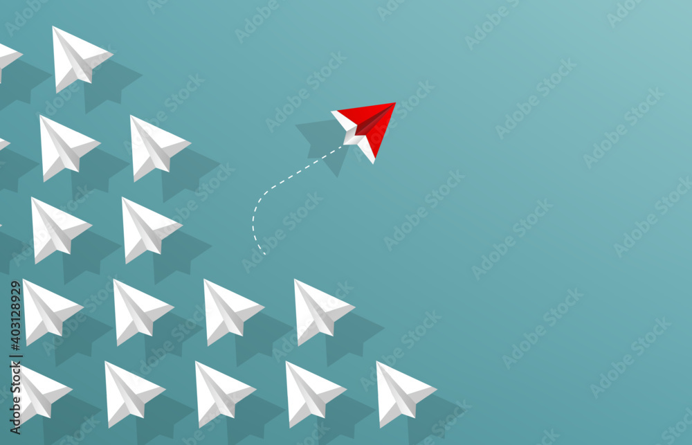 Red paper plane change to new direction. Different business concept ...
