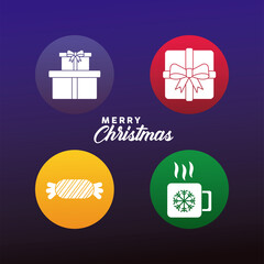 Sticker - happy merry christmas lettering and four set icons