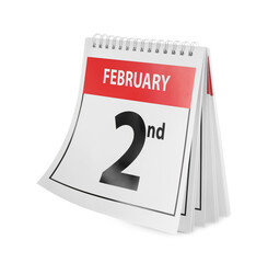 Calendar with date February 2nd on white background. Groundhog day