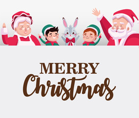 Poster - happy merry christmas lettering card with santa family and elfs and rabbit