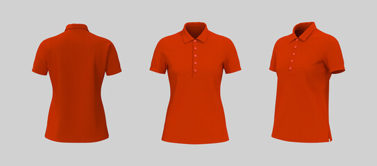 Blank collared shirt mockup, front, side and back views, tee design presentation for print, 3d rendering, 3d illustration