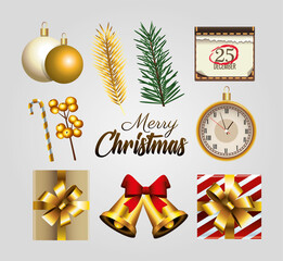 Sticker - happy merry christmas golden lettering with set icons