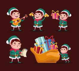 Sticker - happy merry christmas group of elfs characters