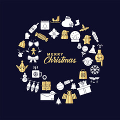 Wall Mural - happy merry christmas lettering with golden and silver set icons