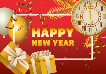 Sticker - happy new year golden watch with gifts and balloons helium in square frame