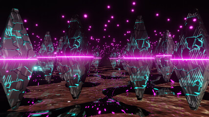 Wall Mural - abstract sci-fi triangular objects set having a beautiful blue texture and pink neon line cracks and