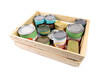 © SockaGPhoto - a collection of generic label food tins or cans in a wooden crate isolated on white