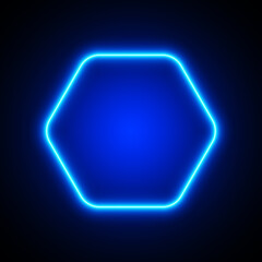 Poster - Blue neon hexagon frame on black background, vector illustration.