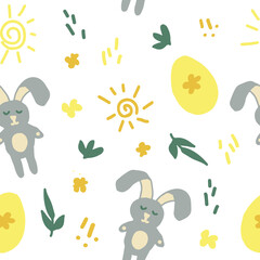 Wall Mural - bunnies, easter eggs, leaves and doodle dashes seamless pattern in trending color 2021. vector hand drawn minimalism simple. wallpaper, textiles, wrapping paper. gold, yellow, green. child.