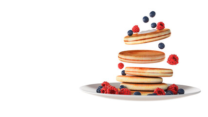 falling pancakes on the plate white background 3d render