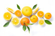 Background summer tropical fruits with leaves, grapefruit, orange, tangerine, lemon on white background. Flat lay, top view