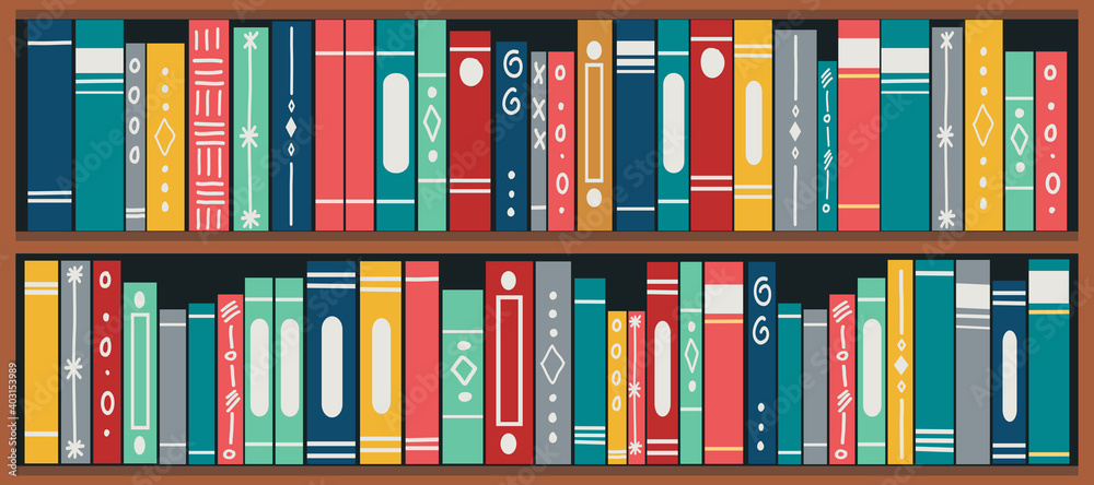 bookshelf with books. Set of different book spines on wooden shelves. Book banner. vector illustration. Stock Vector | Adobe Stock