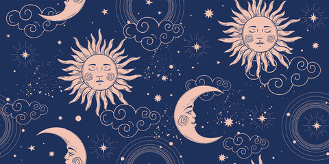 Wall Mural - Seamless cosmic pattern with sun and crescent moon, vintage background for astrology and tarot. Sun with face and stars on a blue background. Vector illustration.