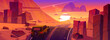 © klyaksun - Car driving road at sunset desert or canyon beautiful landscape with red orange sky and sun down. Jeep travel, riding asphalt highway route with dusk skyline, rocky barren, Cartoon vector illustration