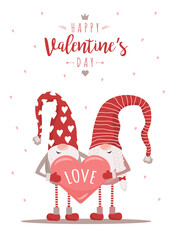 Wall Mural - Valentine day greeting card. Cute nordic gnomes in red hats with heart. Scandinavian design element for poster, banner, postcard, flyer, gift tags and labels. Vector illustration in cartoon style.