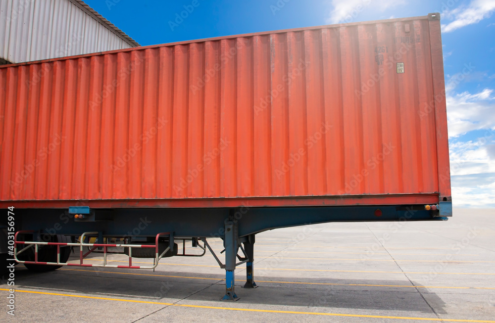 Cargo container truck loading at dock warehouse. Trailer docking ...