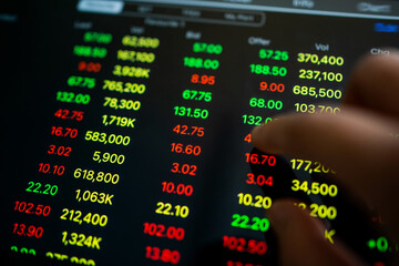 Poster - The hand is trading numbers on the tablet. Trading on stock market concept.
