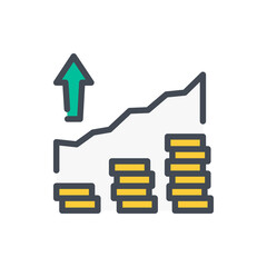 Poster - Financial growth graph color line icon. Chart with stack of coins and arrow up vector outline colorful sign.